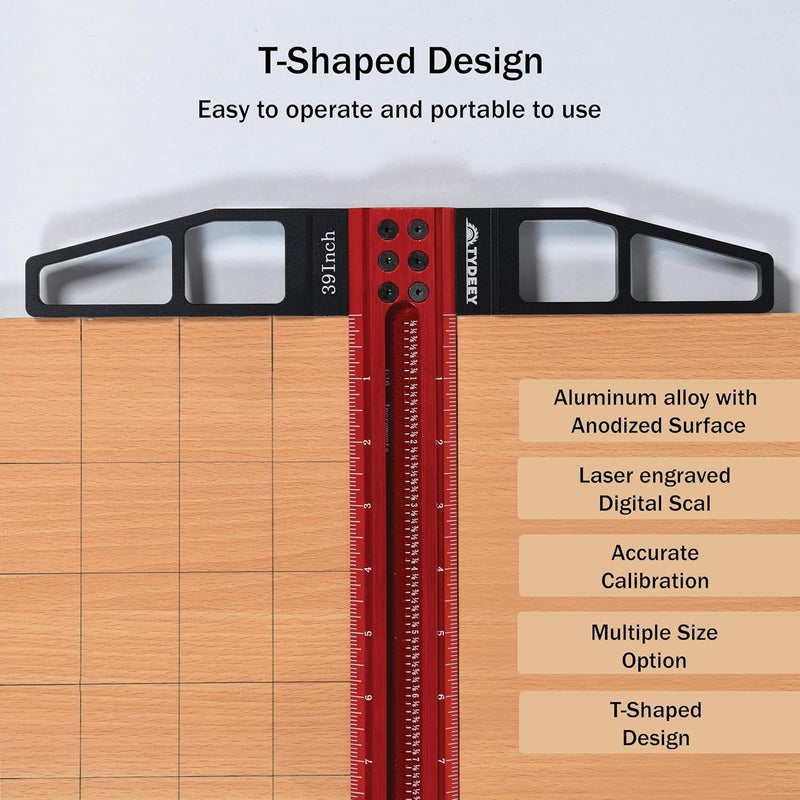 Tydeey 12, 24, 31, 39 in Precision Ruler Square T-Shaped Woodworking Scriber Measuring Tool, Aluminum Alloy Architect Ruler for Carpenter Work, T Type Wood Layout and Measuring Tools (39 Inch) - Image 5
